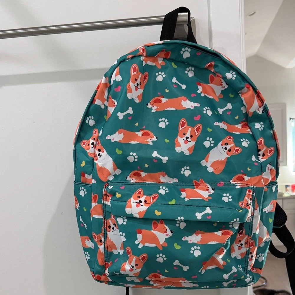 Teal Corgi Backpack Multiple Compartments - Picture 3 of 8